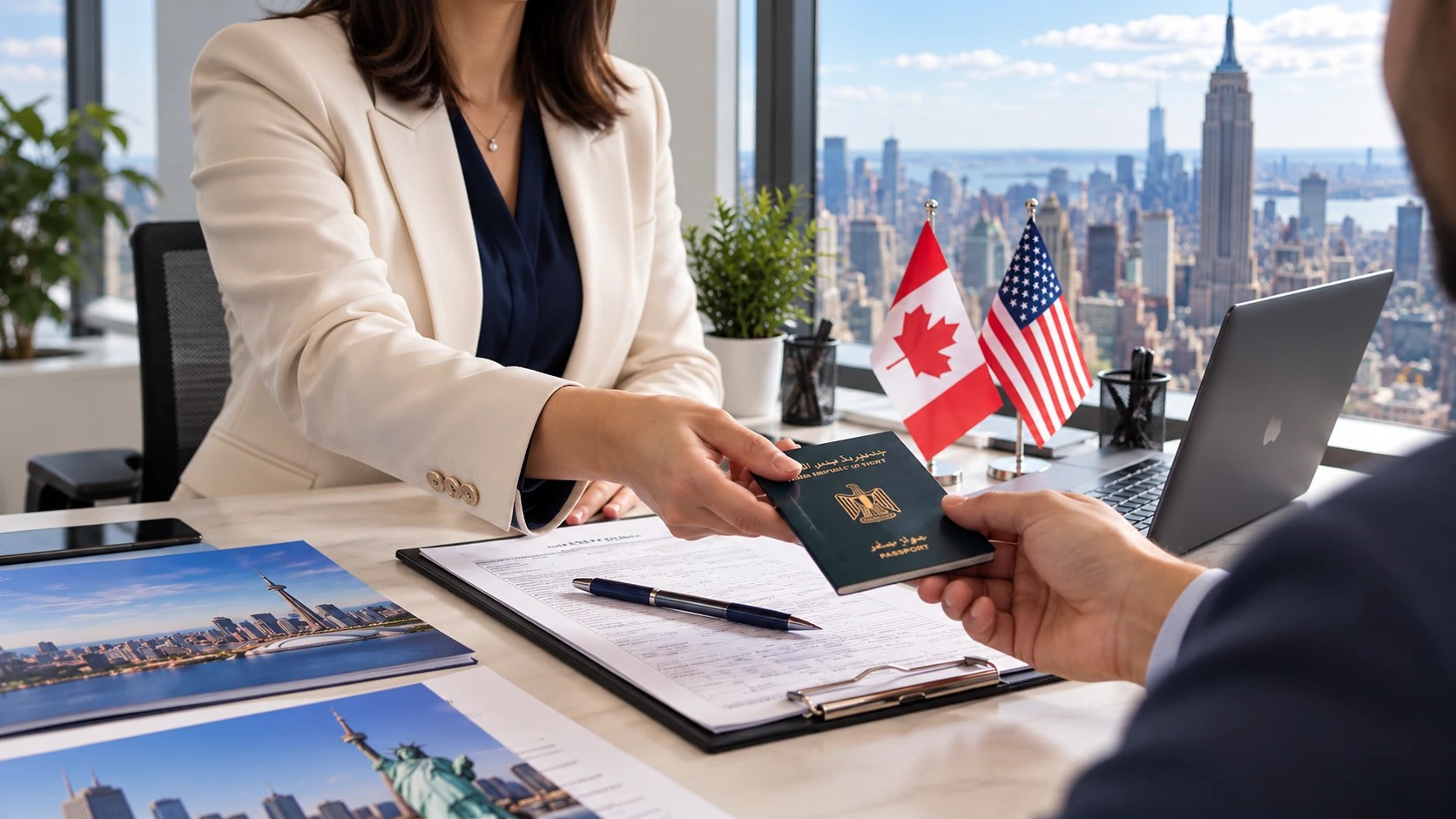 Consultant handing an Egyptian passport to a client in an international office with Canadian and US flags